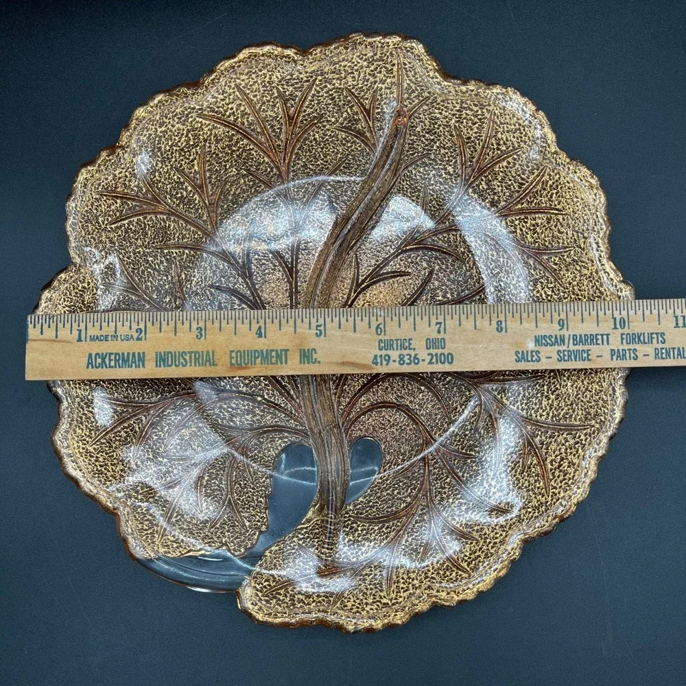 Vtg Amber Gold Indiana‎ Glass Leaf Tree of Life Divided Relish Dish Textured 10